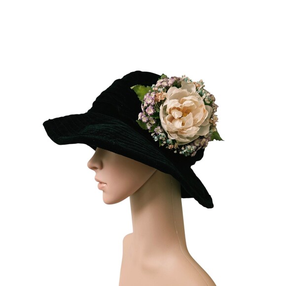 Vintage Importa Black Velvet Flower Wide Brim Hat, Cotton main image 6